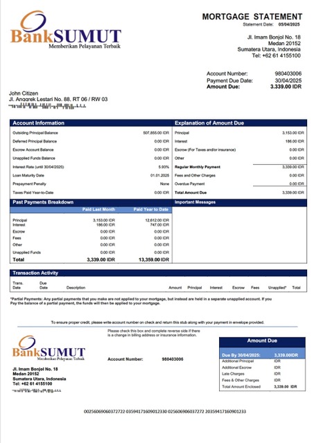 Download Indonesia Bank Sumut mortgage statement Word and PDF template Photoshop template